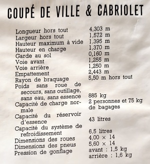 Spécifications Simca Coupé de ville, cabriolet Spécifications Simca Coupé de ville, cabriolet